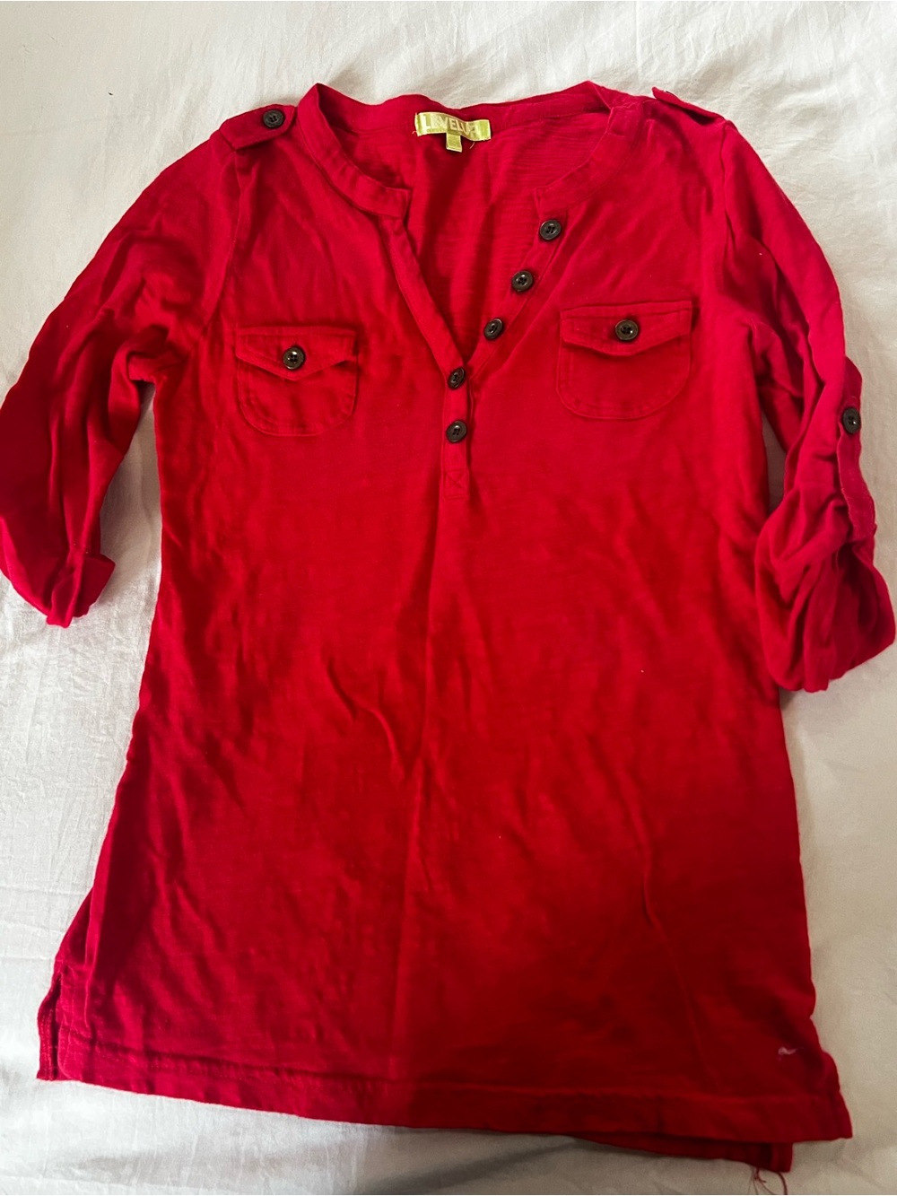 Women’s Red Button-Front Tunic Top with Roll-Tab Sleeves
